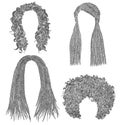 Set of african hairs . black pencil drawing sketch .dreadlocks cornrows