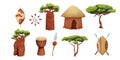 Set African hut with straw roof, baobab shield with spear in cartoon style isolated on white background. Safari tribal