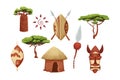 Set African hut with straw roof, baobab shield with spear, tribal mask in cartoon style isolated on white background Royalty Free Stock Photo