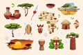 Set African stickers traditional hut with straw roof, baobab shield with spear, tribal mask, drum in cartoon style Royalty Free Stock Photo