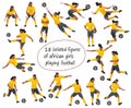 Set of african women\'s football girl players isolated figures in various poses in yellow t-shirts on a white background
