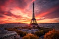 Set against the backdrop of a vibrant sunset, the Eiffel Tower's silhouette exudes a sense of timeless majesty