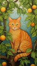 illustration style orange striped cat with leafy orange trees