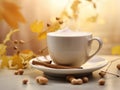 Warmth and Elegance: Porcelain Cup of Spiced Chai with Golden Ginkgo Leaves on a Pearl Canvas