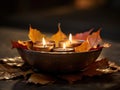 Autumn Serenity: Tarnished Brass Bowl with Floating Candles and Leaves on a Smooth Slate Canvas