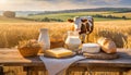 An idyll of rural delights the enchanting wooden table in the middle of golden wheat fields Royalty Free Stock Photo