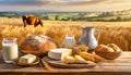 An idyll of rural delights the enchanting wooden table in the middle of golden wheat fields Royalty Free Stock Photo