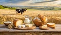 An idyll of rural delights the enchanting wooden table in the middle of golden wheat fields Royalty Free Stock Photo