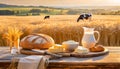 An idyll of rural delights the enchanting wooden table in the middle of golden wheat fields Royalty Free Stock Photo