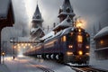 The Passage of a Modern Diesel Train Over Snow Covered Rails on a Twilight Evening in a Town. AI generated