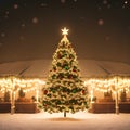 Joyful Season: Beautifully decorated Christmas tree in night. Royalty Free Stock Photo