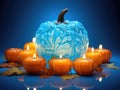 Autumn Luminescence: Handcrafted Pumpkin and Leaf Candles on a Clear Azure Canvas