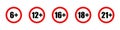 Set of age restriction signs. Age limit concept. Age restrictions for web design. Warning icon. Red prohibition sign. Warning