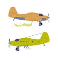 Set of agricultural airplanes. Biplanes spraying pesticides and fertilizers, side view flat vector illustration