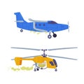 Set of agricultural airplanes. Helicopter and biplane spraying pesticides and fertilizers, side view flat vector