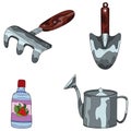 Set of agricultural tools rake, shovel, watering can, fertilizer for cultivating the land. Design is suitable for indoor gardening