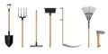 Set agricultural on white backdrop. Shovel, pitchfork, broom, axe, scythe,rake Flat style