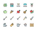 Set of Agriculture Color Line Icons. Fence, Field, Rake, Axe, Pitchfork and more