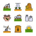 Set of Agriculture and Farming Color Icons. Contains such Icons Harvester trucks, tractors, farmers and village farm buildings