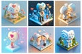 A set of AI generated isometric cartoon characters in a cheerful and loving mood. Concept of love and strong positivity Royalty Free Stock Photo