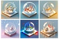 A set of AI generated isometric Christmas snow globes. Concept of Xmas and winter holiday season.