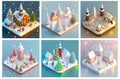 A set of AI generated isometric Christmas villages in a winter wonderland. Concept of Xmas