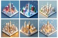 A set of AI generated isometric Christmas villages in a winter wonderland. Concept of Xmas