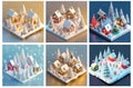 A set of AI generated isometric Christmas villages in a winter wonderland. Concept of Xmas
