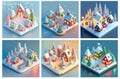 A set of AI generated isometric Christmas villages in a winter wonderland. Concept of Xmas