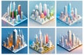 A set of AI generated isometric city with skyscrapers in a winter wonderland. Concept of Xmas