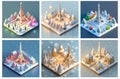 A set of AI generated isometric Paris cityscape in a winter wonderland. Concept of Xmas in the city