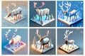 A set of AI generated isometric reindeer characters. Concept of Christmas and winter holiday season