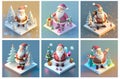 A set of AI generated isometric Santa Claus cartoon character. Concept of Xmas and winter holiday season