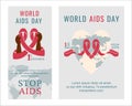 Set of AIDS day for poster, flyer. Human hands of different colour, nationality holding red ribbon. Awareness of AIDS. Tape around