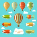 Set of air balloons and airships. Flat vector illustration. Royalty Free Stock Photo