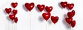 Set of Air Balloons. Bunch of red color heart shaped foil balloons isolated on white background. Love.