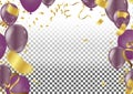 Set. Air Balls. Gold and purple Balloons. Festive background. Ri