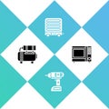 Set Air compressor, Electric cordless screwdriver, heater and Microwave oven icon. Vector