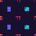 Set Air compressor, Refrigerator, Electric drill machine and Rotary hammer on seamless pattern. Vector Royalty Free Stock Photo