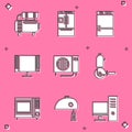 Set Air compressor, Refrigerator, Smart Tv, conditioner and Angle grinder icon. Vector Royalty Free Stock Photo