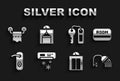 Set Air conditioner, Hotel key card, Shower head, Lift, Door handle, door lock, Toilet paper roll and icon. Vector