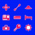 Set Air conditioner, Key, Sun, Bed, Suitcase, Action extreme camera, Elegant women hat and Kayak or canoe icon. Vector