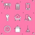 Set Air conditioner, Trash can, Mobile phone, House key, Sofa, Vacuum cleaner, Clock and Cooking pot icon. Vector
