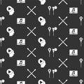 Set Air headphones, Laptop with music note, Head people with play button and Drum sticks on seamless pattern. Vector