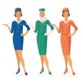 Set of 3 air hostesses Dressed In Uniform With Color Variants. Arab and European stewardess. Royalty Free Stock Photo