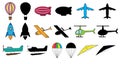 Set of air transports: balloon, dirigible, airplane, space rocket, hydroplane, helicopter, seaplane, parachute, glider. Colorful i Royalty Free Stock Photo