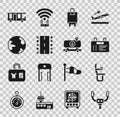 Set Aircraft steering helm, Airplane seat, Airport board, Suitcase, runway, Worldwide, bus and Fuel tanker truck icon