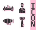 Set Aircraft steering helm, Airport luggage towing truck, Airship and Pilot icon. Vector Royalty Free Stock Photo