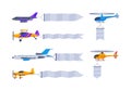 Set of aircrafts flying with blank horizontal banners. Advertising banner pulled by airplanes and helicopters cartoon