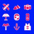 Set Airplane window, Anchor, Life jacket, Please not disturb, Tropical palm tree, Sun protective umbrella, Photo camera